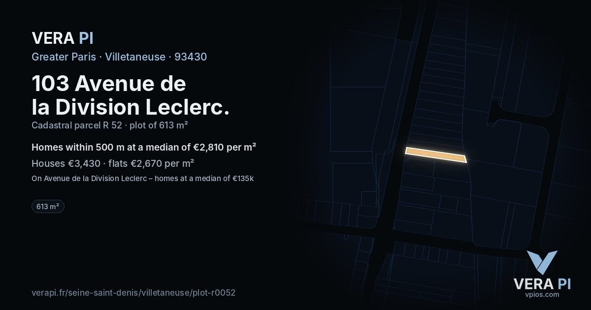 103 Avenue de la Division Leclerc, Villetaneuse at night – the plot lit, the parcels around coloured by the prices near them