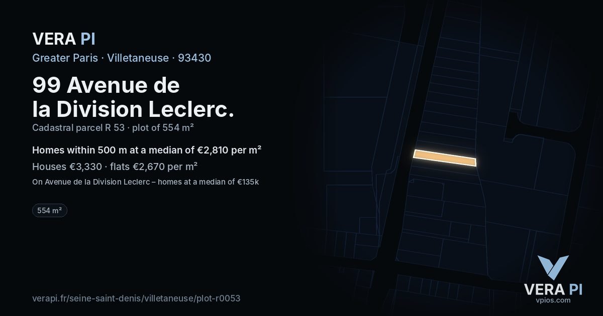 99 Avenue de la Division Leclerc, Villetaneuse at night – the plot lit, the parcels around coloured by the prices near them