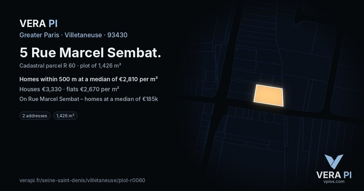 5 Rue Marcel Sembat, Villetaneuse at night – the plot lit, the parcels around coloured by the prices near them