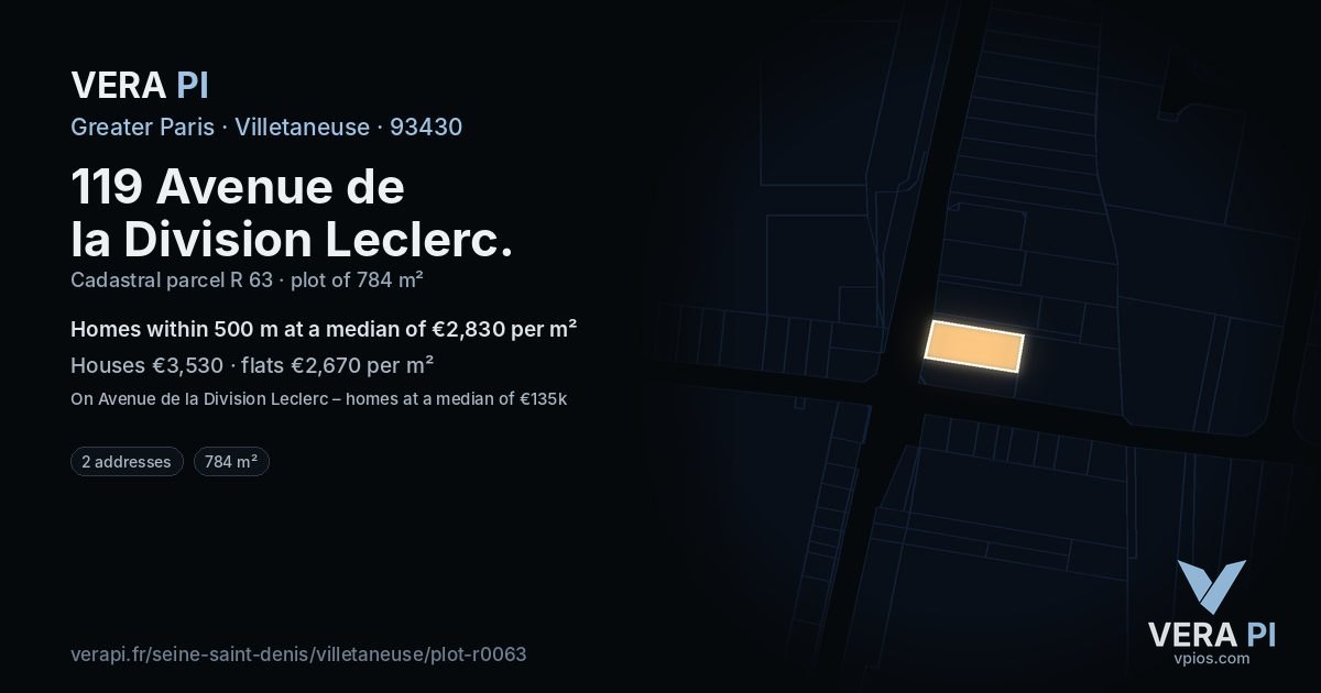 119 Avenue de la Division Leclerc, Villetaneuse at night – the plot lit, the parcels around coloured by the prices near them