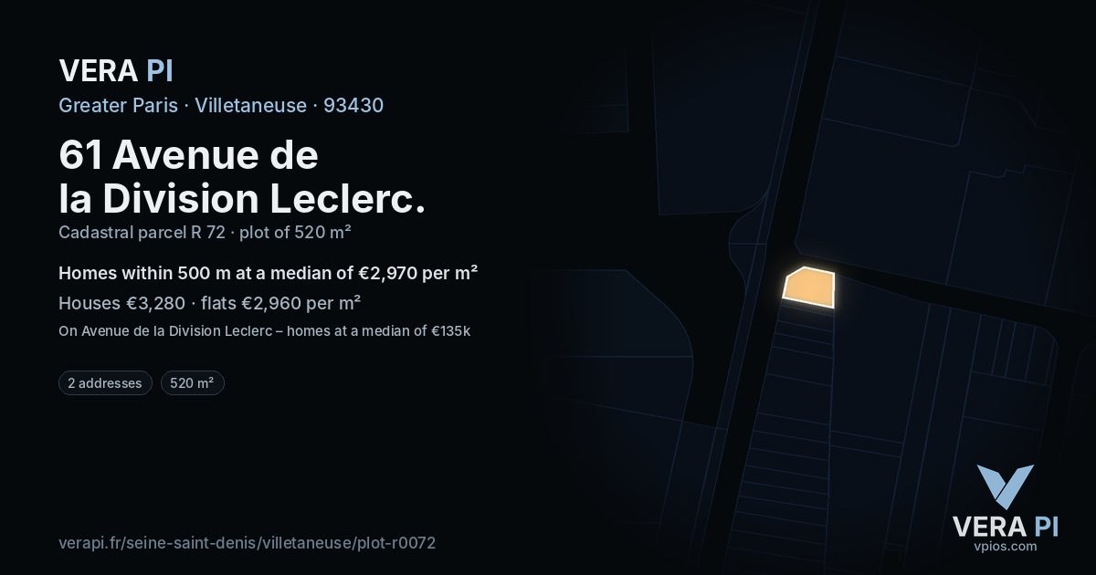 61 Avenue de la Division Leclerc, Villetaneuse at night – the plot lit, the parcels around coloured by the prices near them