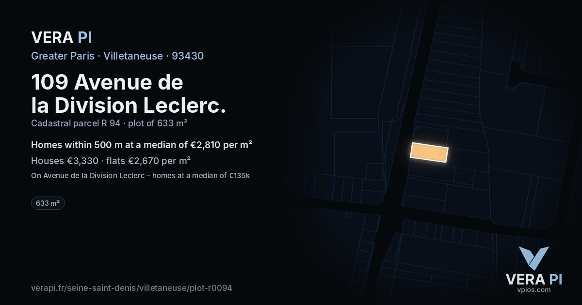 109 Avenue de la Division Leclerc, Villetaneuse at night – the plot lit, the parcels around coloured by the prices near them