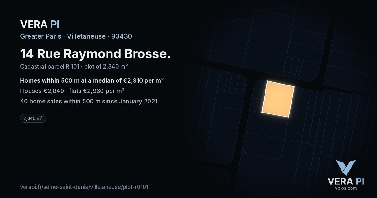 14 Rue Raymond Brosse, Villetaneuse at night – the plot lit, the parcels around coloured by the prices near them