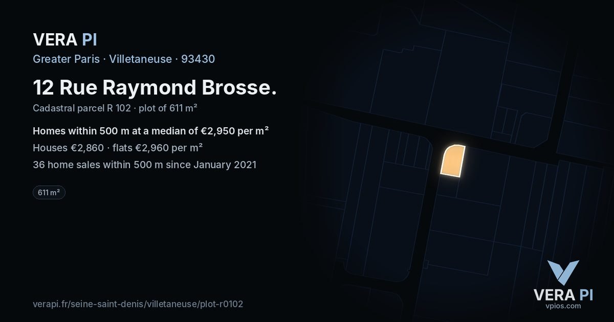 12 Rue Raymond Brosse, Villetaneuse at night – the plot lit, the parcels around coloured by the prices near them