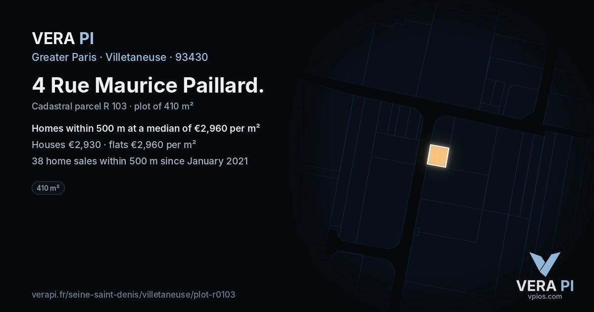 4 Rue Maurice Paillard, Villetaneuse at night – the plot lit, the parcels around coloured by the prices near them