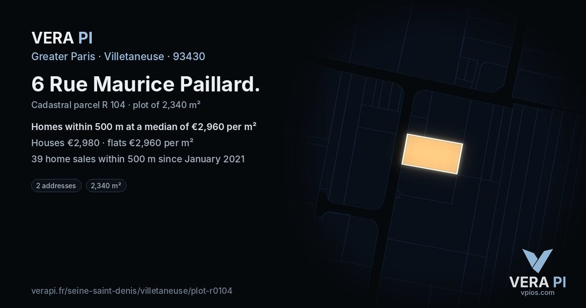 6 Rue Maurice Paillard, Villetaneuse at night – the plot lit, the parcels around coloured by the prices near them