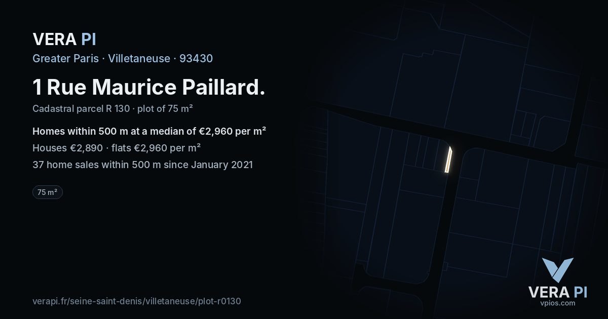 1 Rue Maurice Paillard, Villetaneuse at night – the plot lit, the parcels around coloured by the prices near them