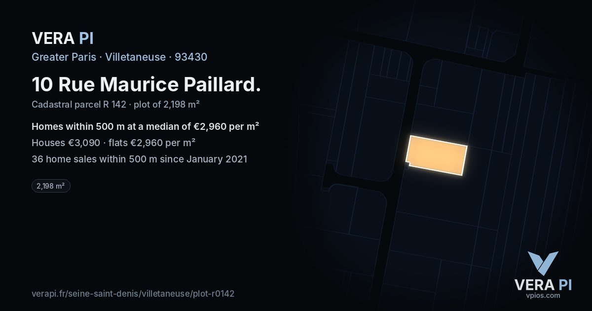 10 Rue Maurice Paillard, Villetaneuse at night – the plot lit, the parcels around coloured by the prices near them