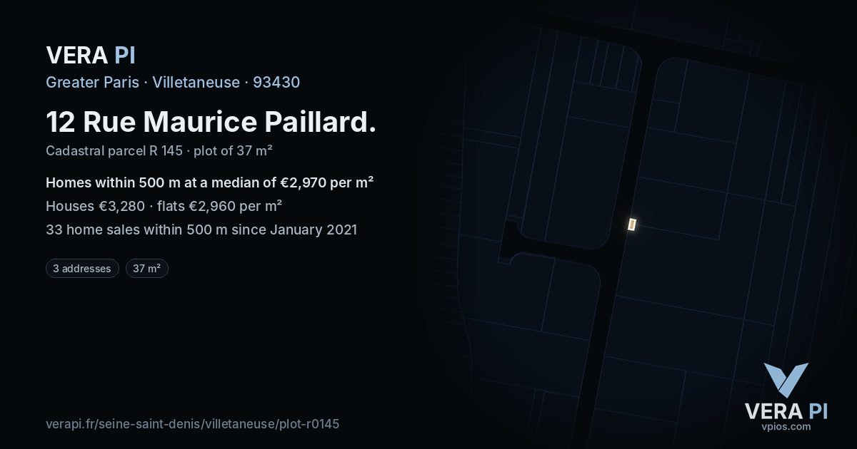 12 Rue Maurice Paillard, Villetaneuse at night – the plot lit, the parcels around coloured by the prices near them