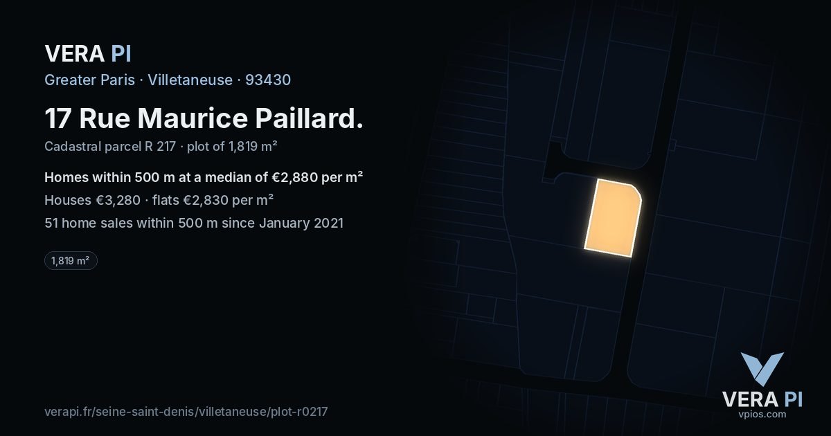 17 Rue Maurice Paillard, Villetaneuse at night – the plot lit, the parcels around coloured by the prices near them