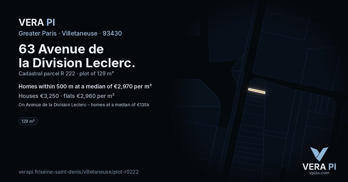 63 Avenue de la Division Leclerc, Villetaneuse at night – the plot lit, the parcels around coloured by the prices near them