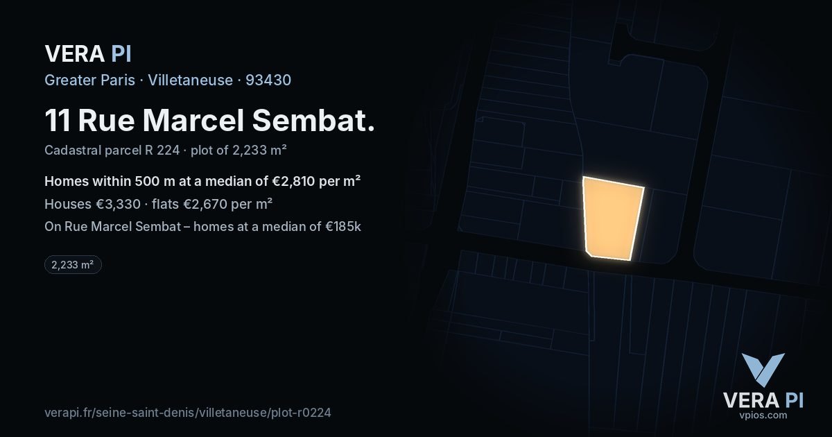 11 Rue Marcel Sembat, Villetaneuse at night – the plot lit, the parcels around coloured by the prices near them