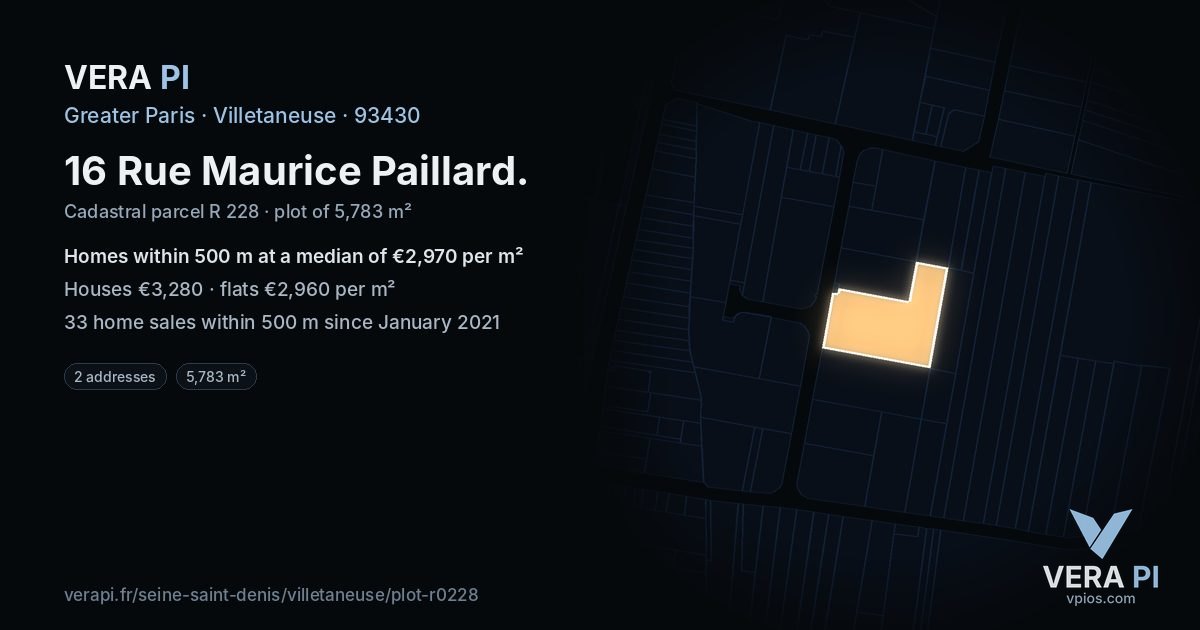 16 Rue Maurice Paillard, Villetaneuse at night – the plot lit, the parcels around coloured by the prices near them