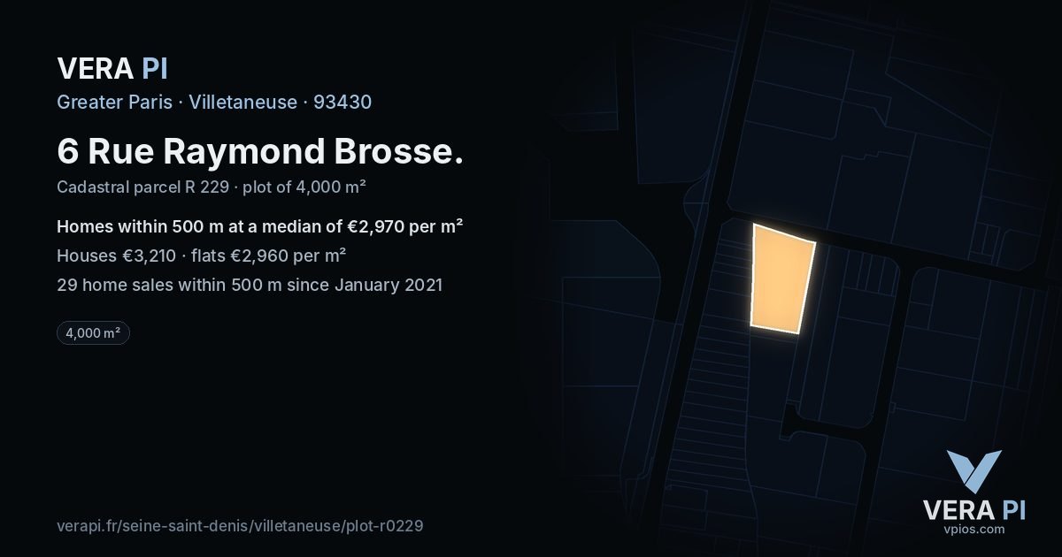 6 Rue Raymond Brosse, Villetaneuse at night – the plot lit, the parcels around coloured by the prices near them
