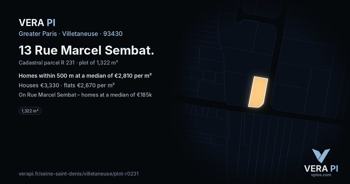 13 Rue Marcel Sembat, Villetaneuse at night – the plot lit, the parcels around coloured by the prices near them