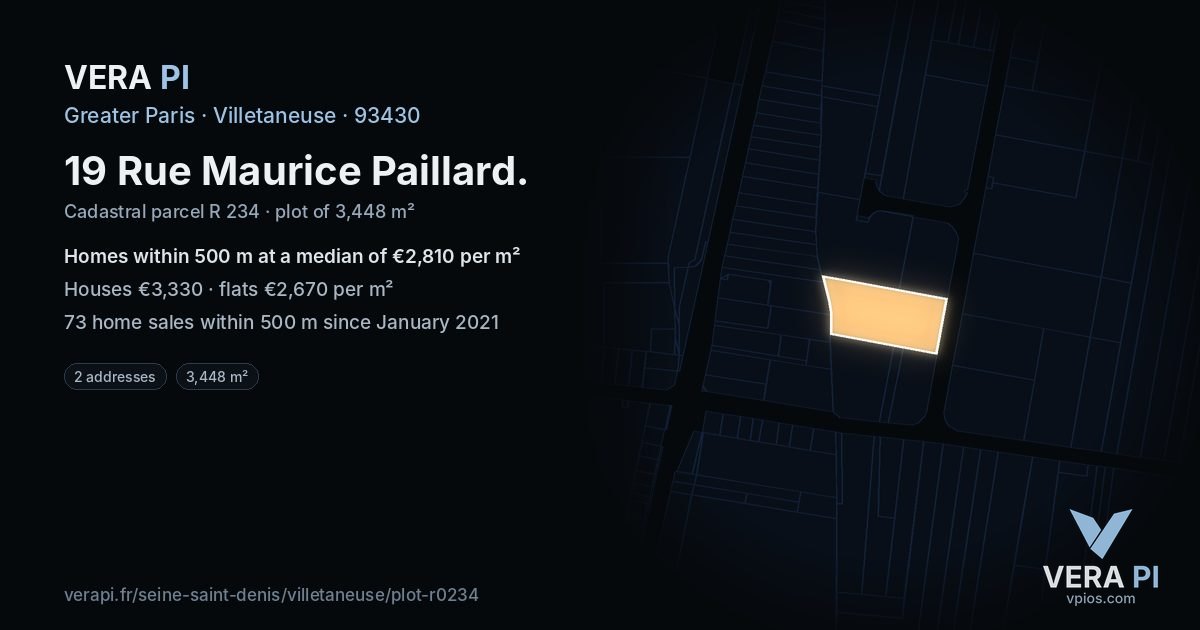 19 Rue Maurice Paillard, Villetaneuse at night – the plot lit, the parcels around coloured by the prices near them