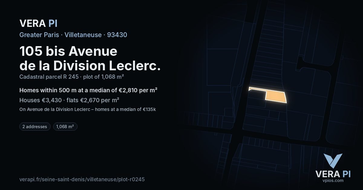 105 bis Avenue de la Division Leclerc, Villetaneuse at night – the plot lit, the parcels around coloured by the prices near them
