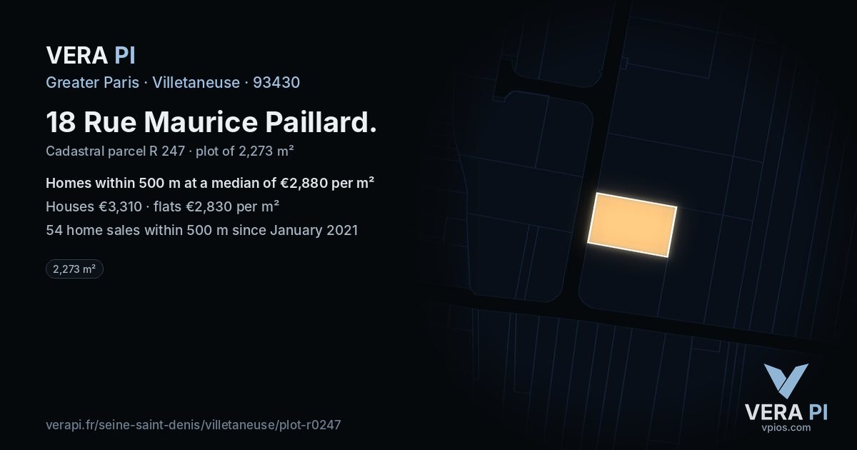 18 Rue Maurice Paillard, Villetaneuse at night – the plot lit, the parcels around coloured by the prices near them