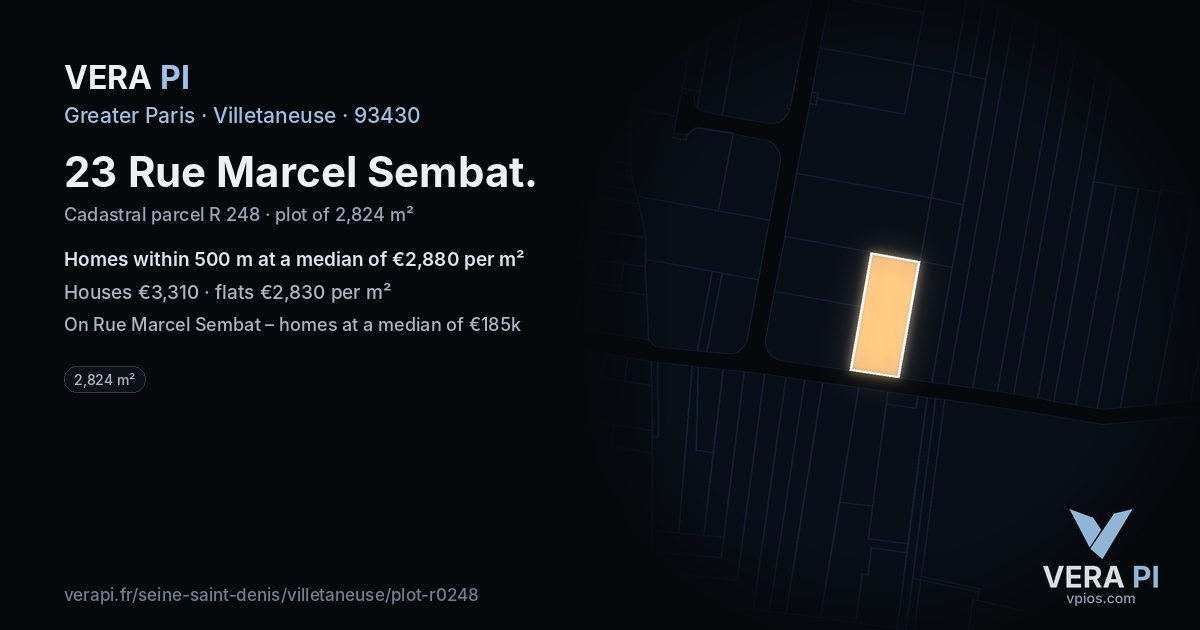 23 Rue Marcel Sembat, Villetaneuse at night – the plot lit, the parcels around coloured by the prices near them