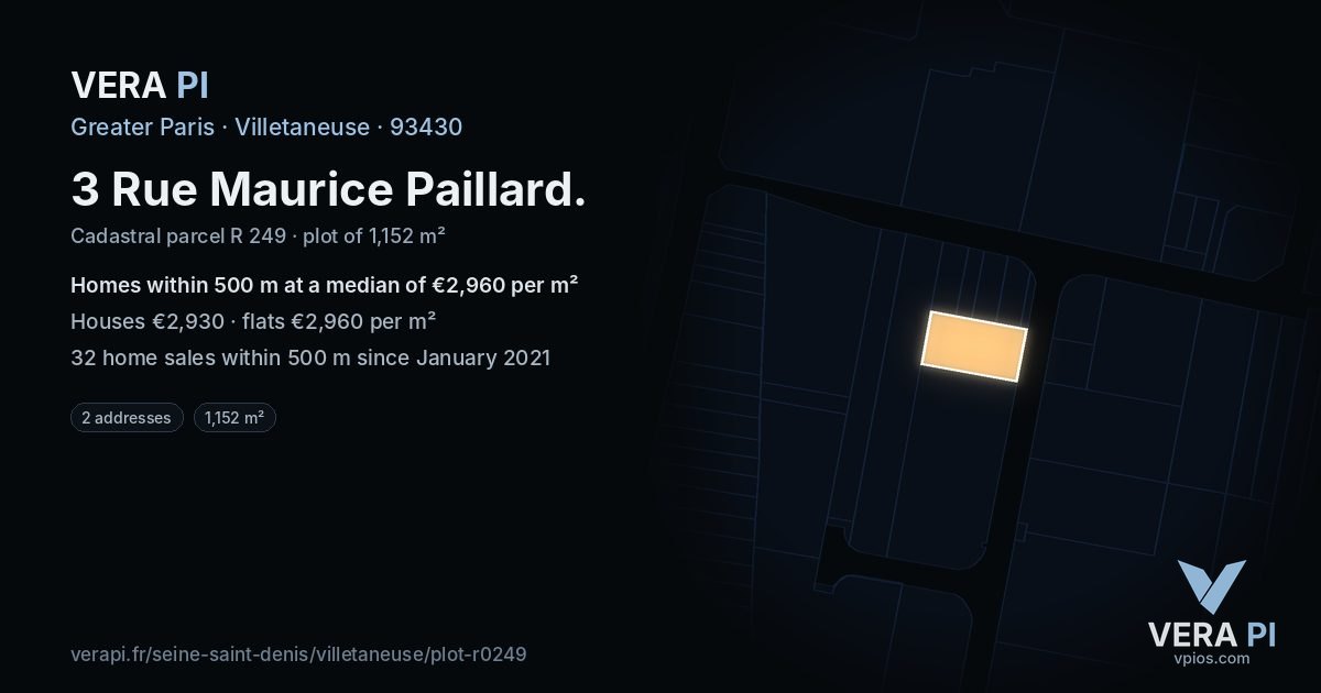 3 Rue Maurice Paillard, Villetaneuse at night – the plot lit, the parcels around coloured by the prices near them