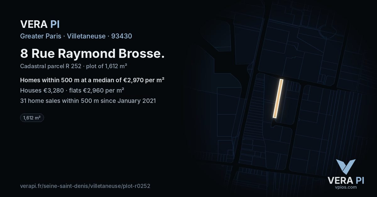 8 Rue Raymond Brosse, Villetaneuse at night – the plot lit, the parcels around coloured by the prices near them