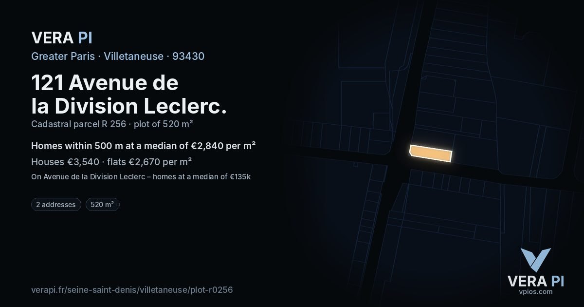 121 Avenue de la Division Leclerc, Villetaneuse at night – the plot lit, the parcels around coloured by the prices near them
