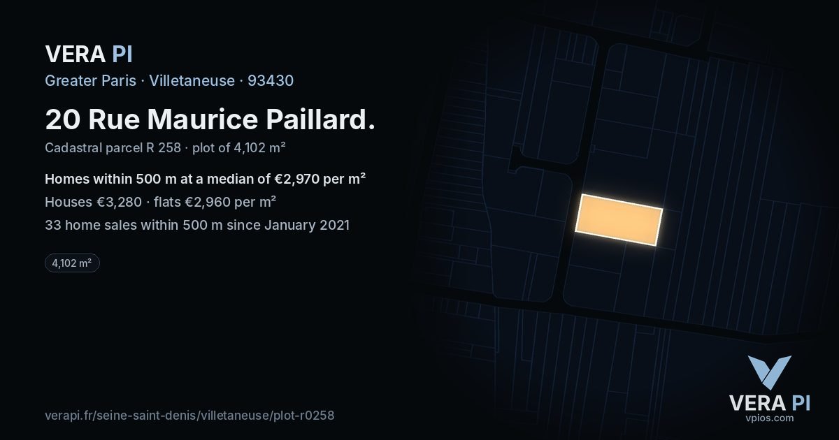 20 Rue Maurice Paillard, Villetaneuse at night – the plot lit, the parcels around coloured by the prices near them