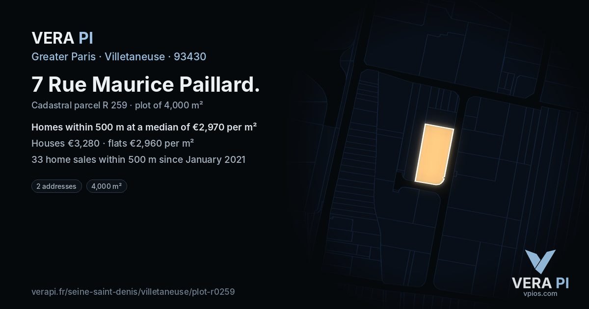 7 Rue Maurice Paillard, Villetaneuse at night – the plot lit, the parcels around coloured by the prices near them