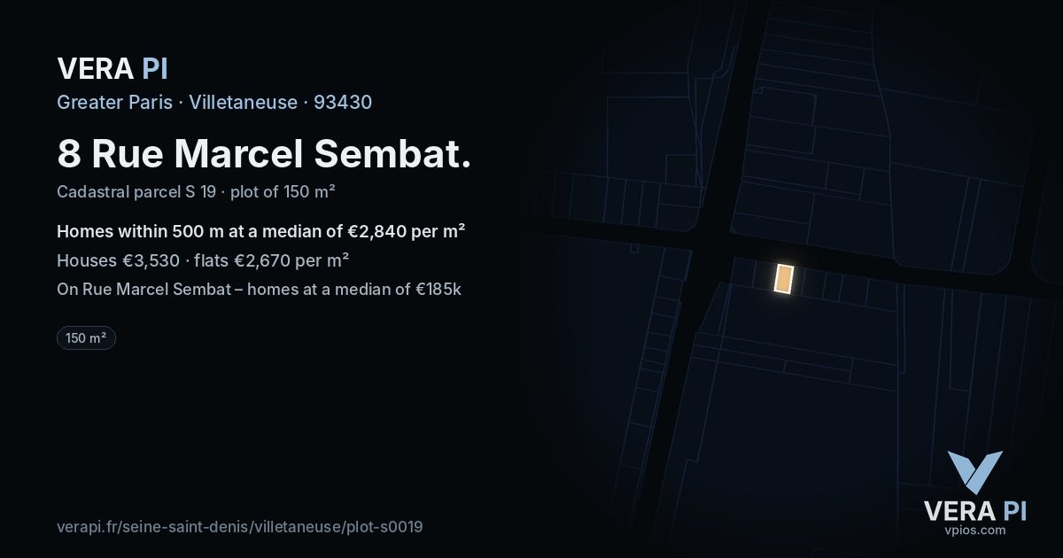 8 Rue Marcel Sembat, Villetaneuse at night – the plot lit, the parcels around coloured by the prices near them