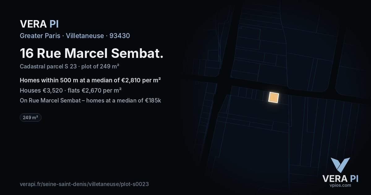 16 Rue Marcel Sembat, Villetaneuse at night – the plot lit, the parcels around coloured by the prices near them