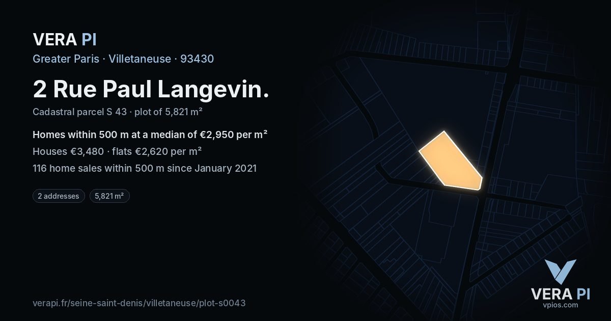 2 Rue Paul Langevin, Villetaneuse at night – the plot lit, the parcels around coloured by the prices near them