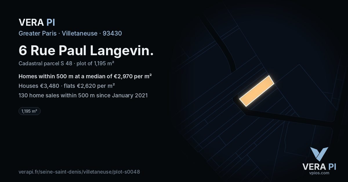 6 Rue Paul Langevin, Villetaneuse at night – the plot lit, the parcels around coloured by the prices near them