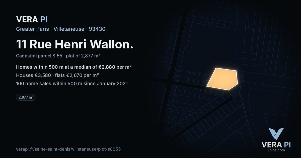 11 Rue Henri Wallon, Villetaneuse at night – the plot lit, the parcels around coloured by the prices near them