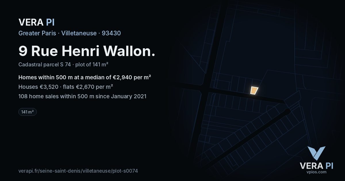 9 Rue Henri Wallon, Villetaneuse at night – the plot lit, the parcels around coloured by the prices near them