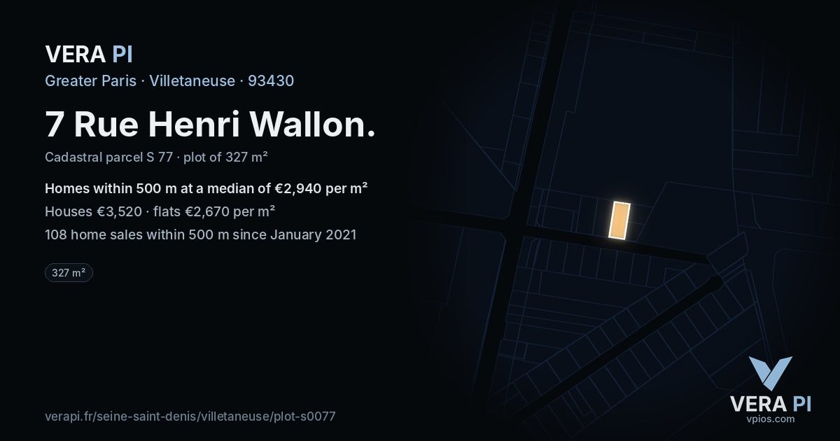 7 Rue Henri Wallon, Villetaneuse at night – the plot lit, the parcels around coloured by the prices near them