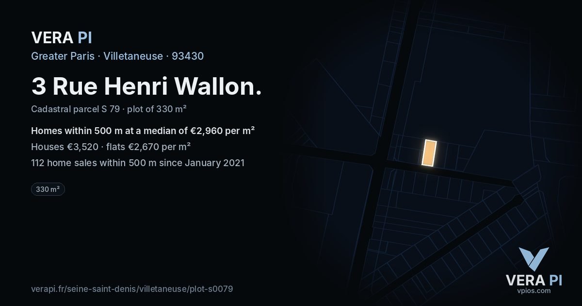 3 Rue Henri Wallon, Villetaneuse at night – the plot lit, the parcels around coloured by the prices near them