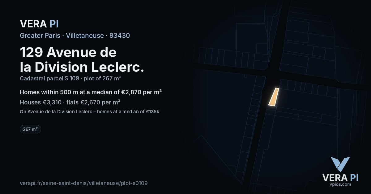 129 Avenue de la Division Leclerc, Villetaneuse at night – the plot lit, the parcels around coloured by the prices near them