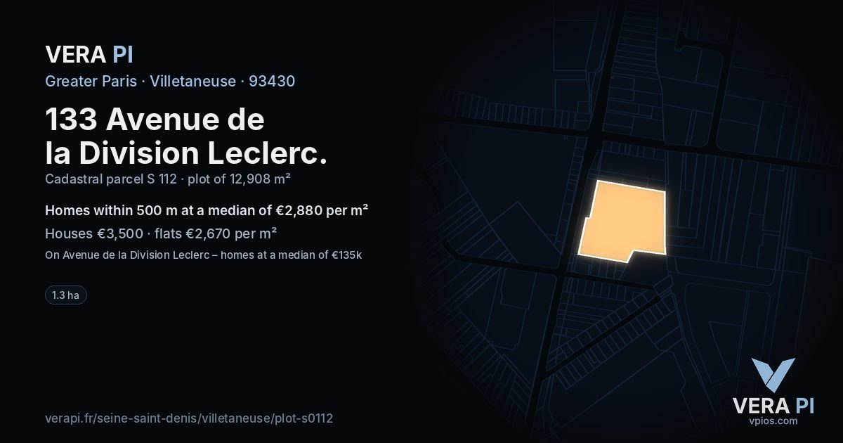 133 Avenue de la Division Leclerc, Villetaneuse at night – the plot lit, the parcels around coloured by the prices near them