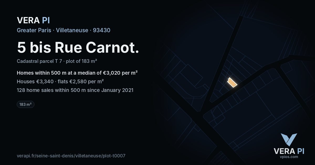 5 bis Rue Carnot, Villetaneuse at night – the plot lit, the parcels around coloured by the prices near them