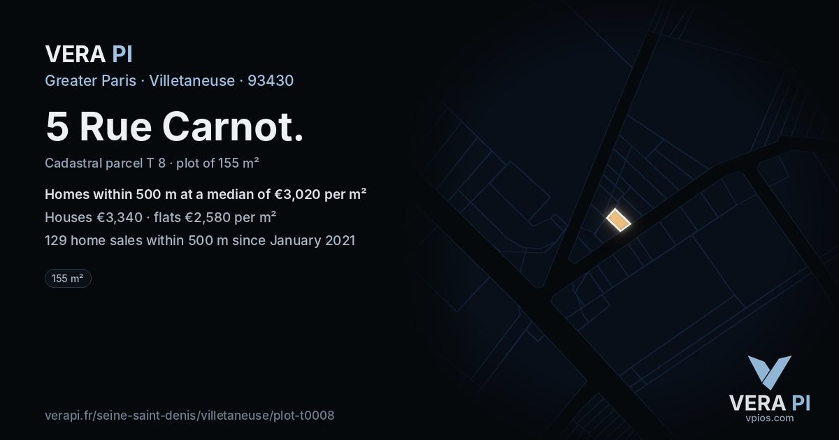 5 Rue Carnot, Villetaneuse at night – the plot lit, the parcels around coloured by the prices near them
