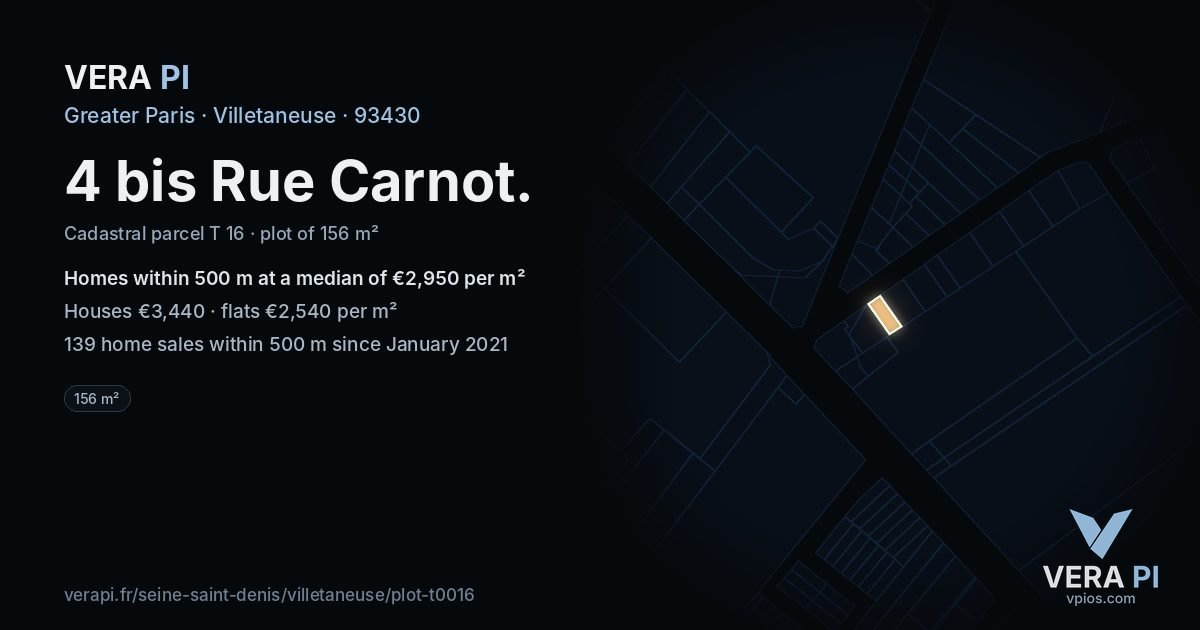 4 bis Rue Carnot, Villetaneuse at night – the plot lit, the parcels around coloured by the prices near them