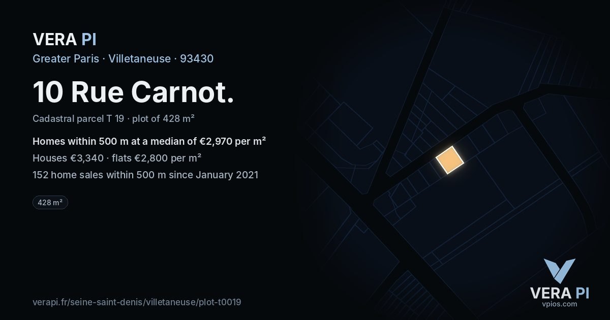 10 Rue Carnot, Villetaneuse at night – the plot lit, the parcels around coloured by the prices near them