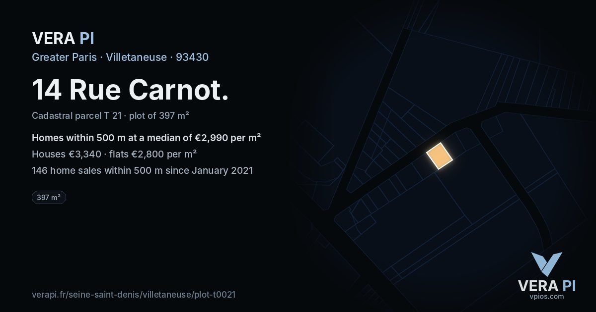 14 Rue Carnot, Villetaneuse at night – the plot lit, the parcels around coloured by the prices near them