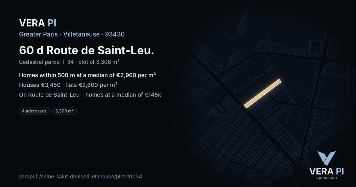60 d Route de Saint-Leu, Villetaneuse at night – the plot lit, the parcels around coloured by the prices near them