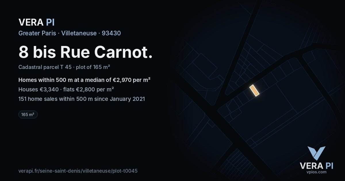 8 bis Rue Carnot, Villetaneuse at night – the plot lit, the parcels around coloured by the prices near them