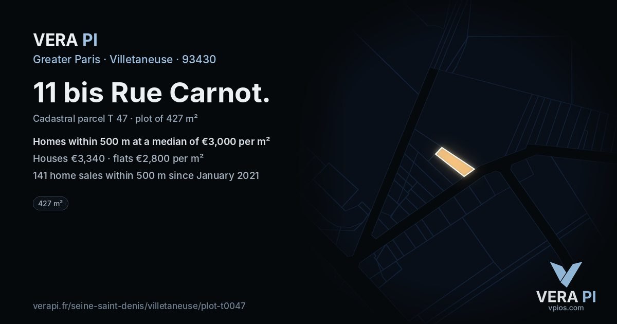 11 bis Rue Carnot, Villetaneuse at night – the plot lit, the parcels around coloured by the prices near them