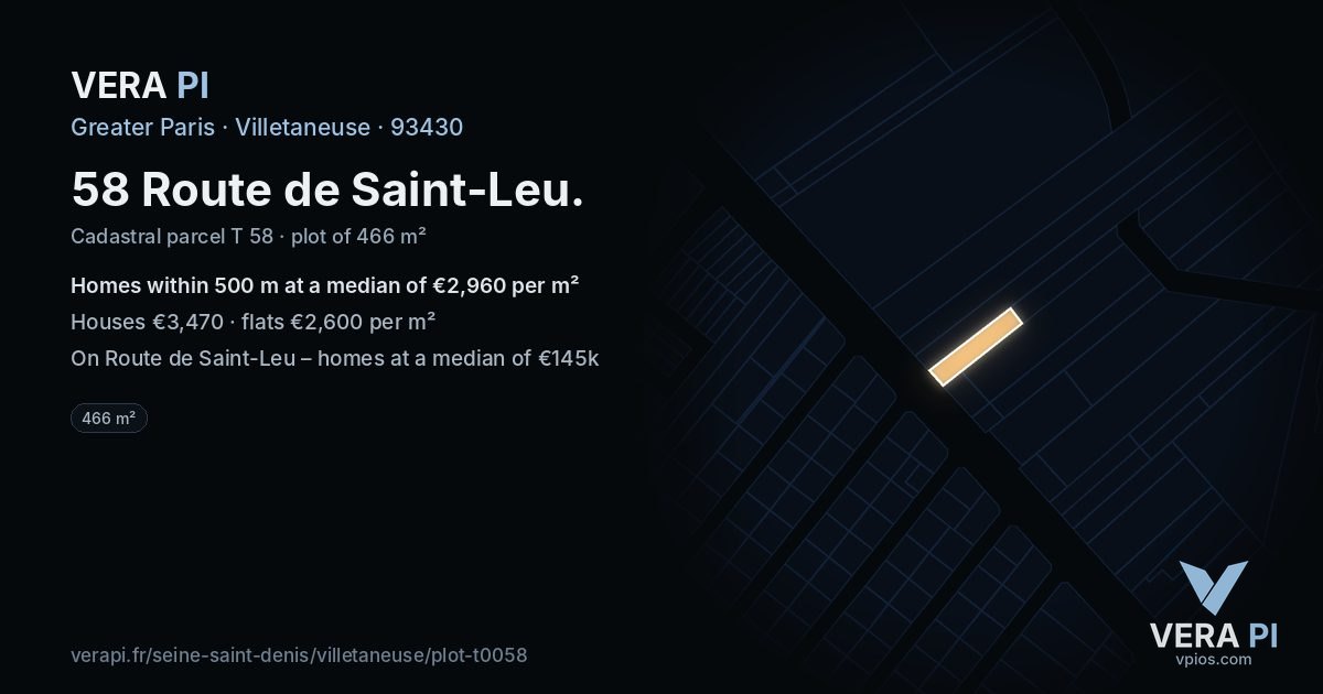 58 Route de Saint-Leu, Villetaneuse at night – the plot lit, the parcels around coloured by the prices near them