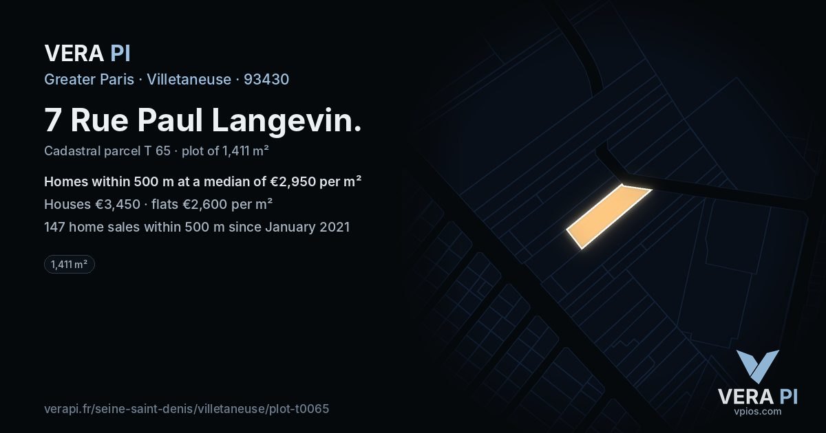 7 Rue Paul Langevin, Villetaneuse at night – the plot lit, the parcels around coloured by the prices near them