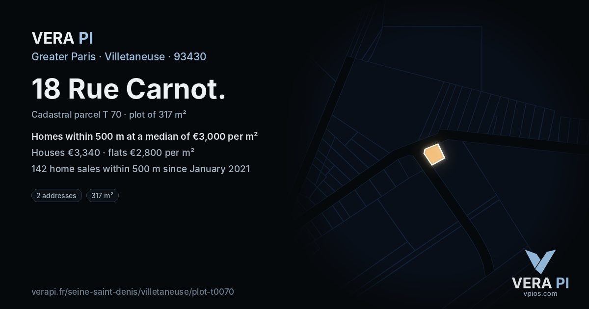 18 Rue Carnot, Villetaneuse at night – the plot lit, the parcels around coloured by the prices near them