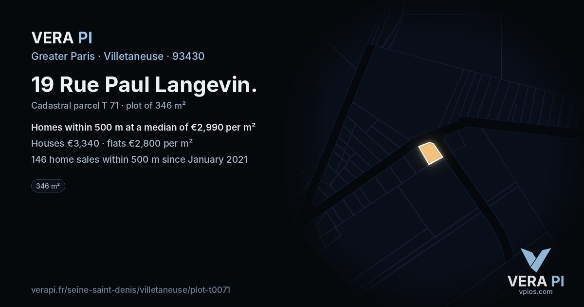 19 Rue Paul Langevin, Villetaneuse at night – the plot lit, the parcels around coloured by the prices near them